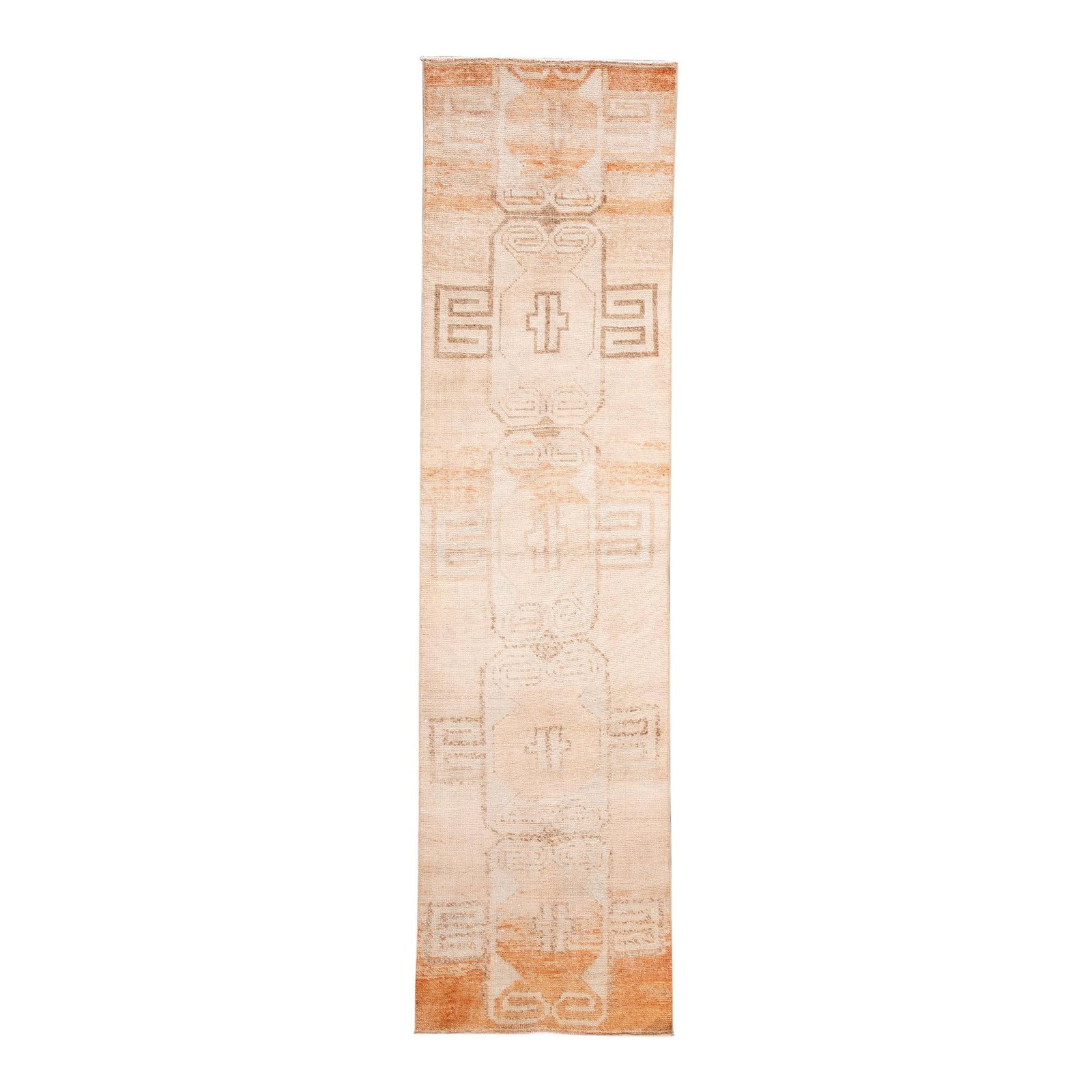 Vintage Turkish Handmade Wool Runner Beige Medallion 2'8 x 10'2: Vintage Turkish Handmade Wool Runner Beige Medallion 2'8 x 10'2 This exquisite mid-20th century vintage Turkish handmade wool runner features a stunning beige field accentuated by peach and tan tones 