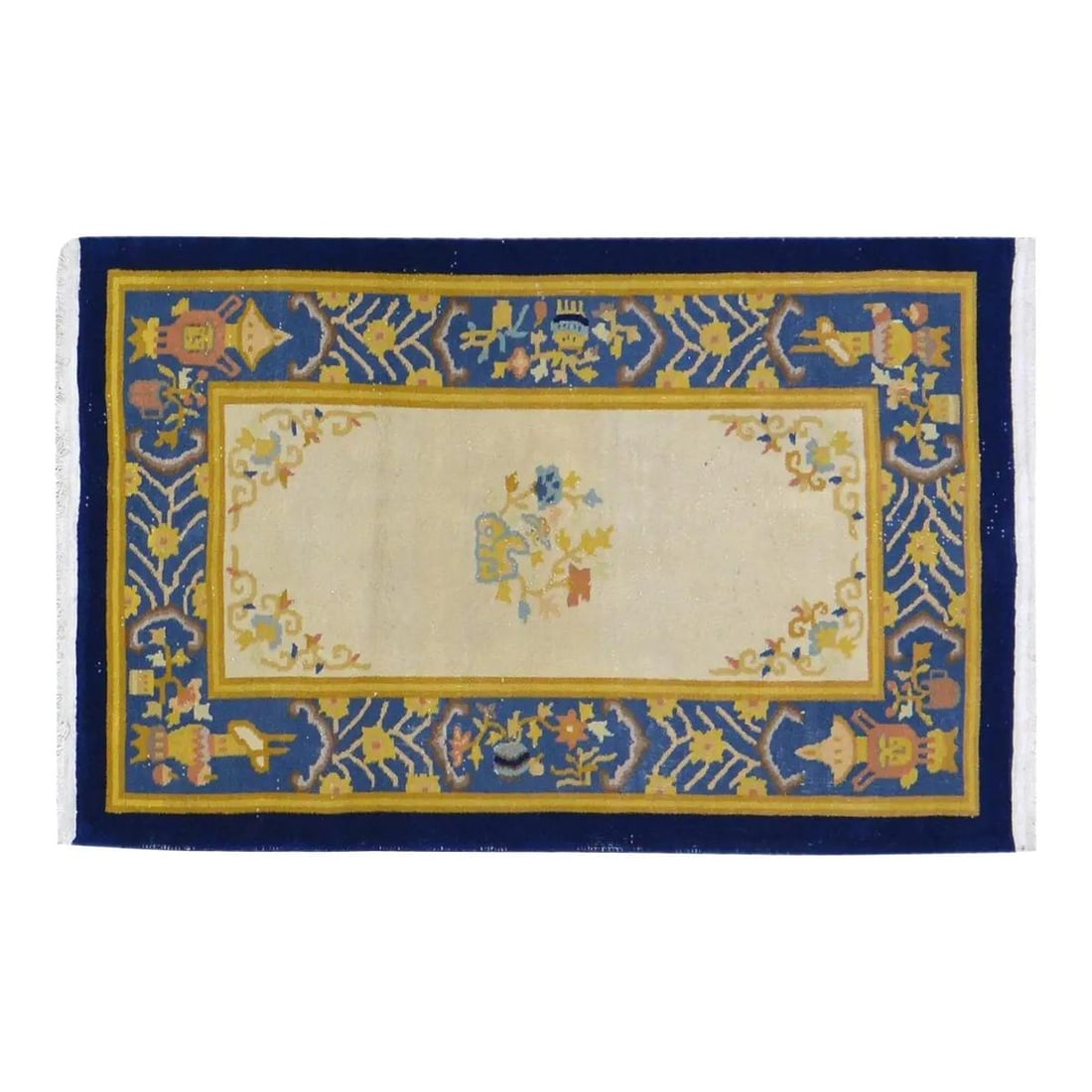 Hand Knotted Wool Chinese Art Deco Rug 3'x4'8" Beige Vintage (1 of 4)