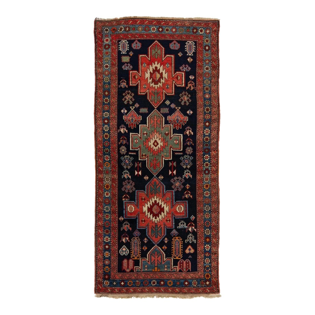 Antique Kurdish Wool Runner 3'11 x 8'10 Blue Tribal Design: Antique Kurdish Wool Runner 3'11 x 8'10 Blue Tribal Design Elevate your home decor with this exquisite 20th-century Kurdish hand-knotted wool runner. Featuring a rich navy blue and red color field, th