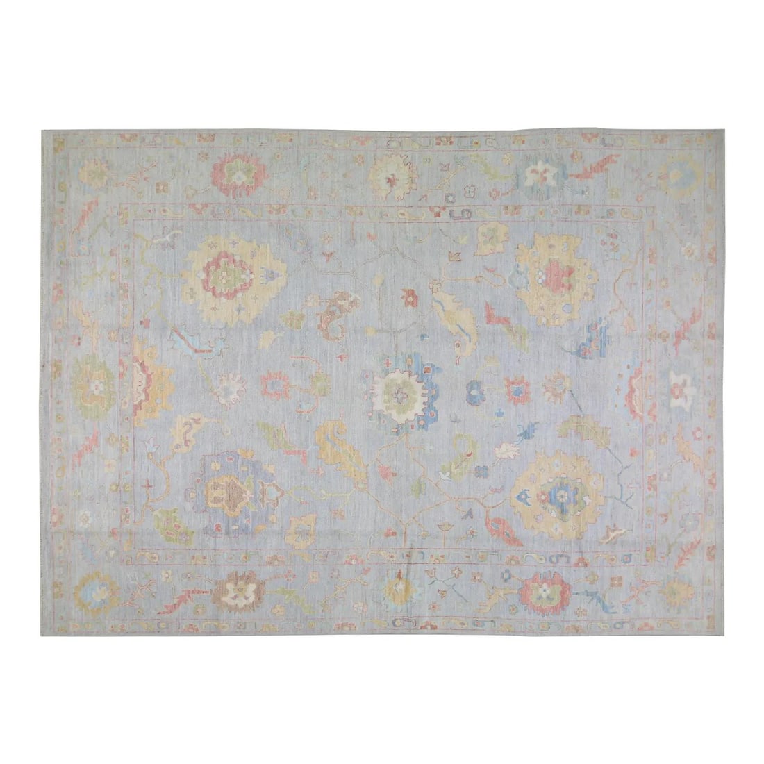 10'1 x 13'6 Wool Oushak Rug Hand Knotted Turkish Slate Gray: 10'1 x 13'6 Wool Oushak Rug Hand Knotted Turkish Slate Gray This Turkish Oushak rug is hand-knotted from wool, showcasing traditional craftsmanship combined with modern design influences. Its slate gr