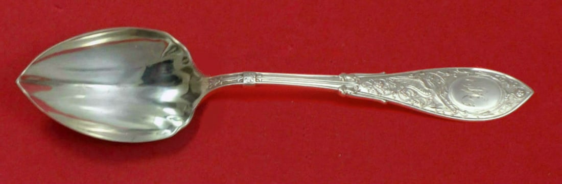 Whiting Arabesque Sterling Silver Fluted Grapefruit Spoon 5 3/4 Custom Made: Whiting Arabesque Sterling Silver Fluted Grapefruit Spoon 5 3/4 Custom Made Sterling silver grapefruit spoon in the Arabesque pattern by Whiting. This custom made, fluted spoon is monogrammed, with mo
