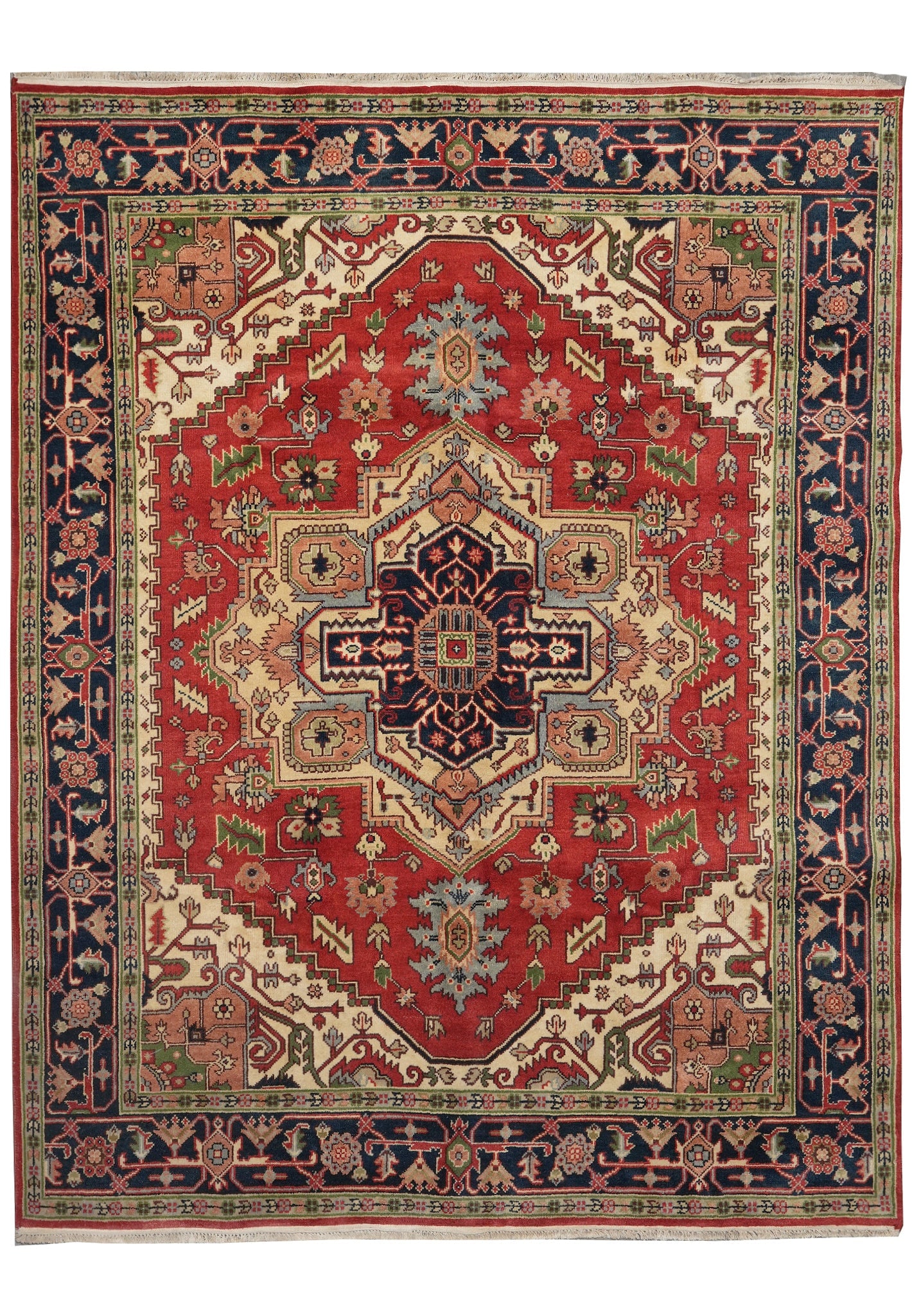 8' x 10' Serapi Heriz Rug Red Field Navy Geometric Medallion Wool Hand Knotted: 8' x 10' Serapi Heriz Rug Red Field Navy Geometric Medallion Wool Hand Knotted Free continental US Shipping This 8' x 10' Serapi Heriz rug features a classic red field with a navy geometric medallion,