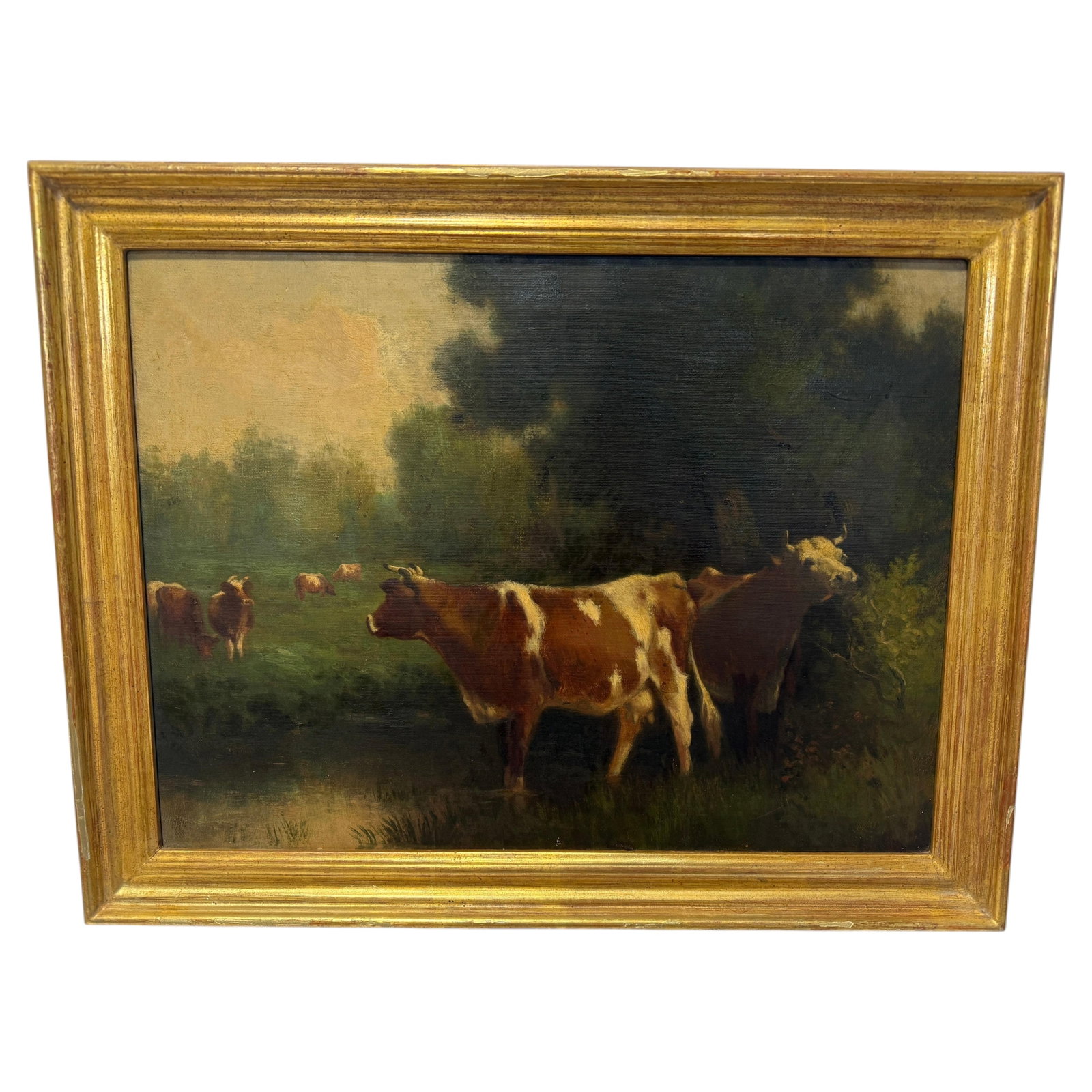 Barbizon School Cattle Pasture Oil Painting in Giltwood Frame (1 of 11)