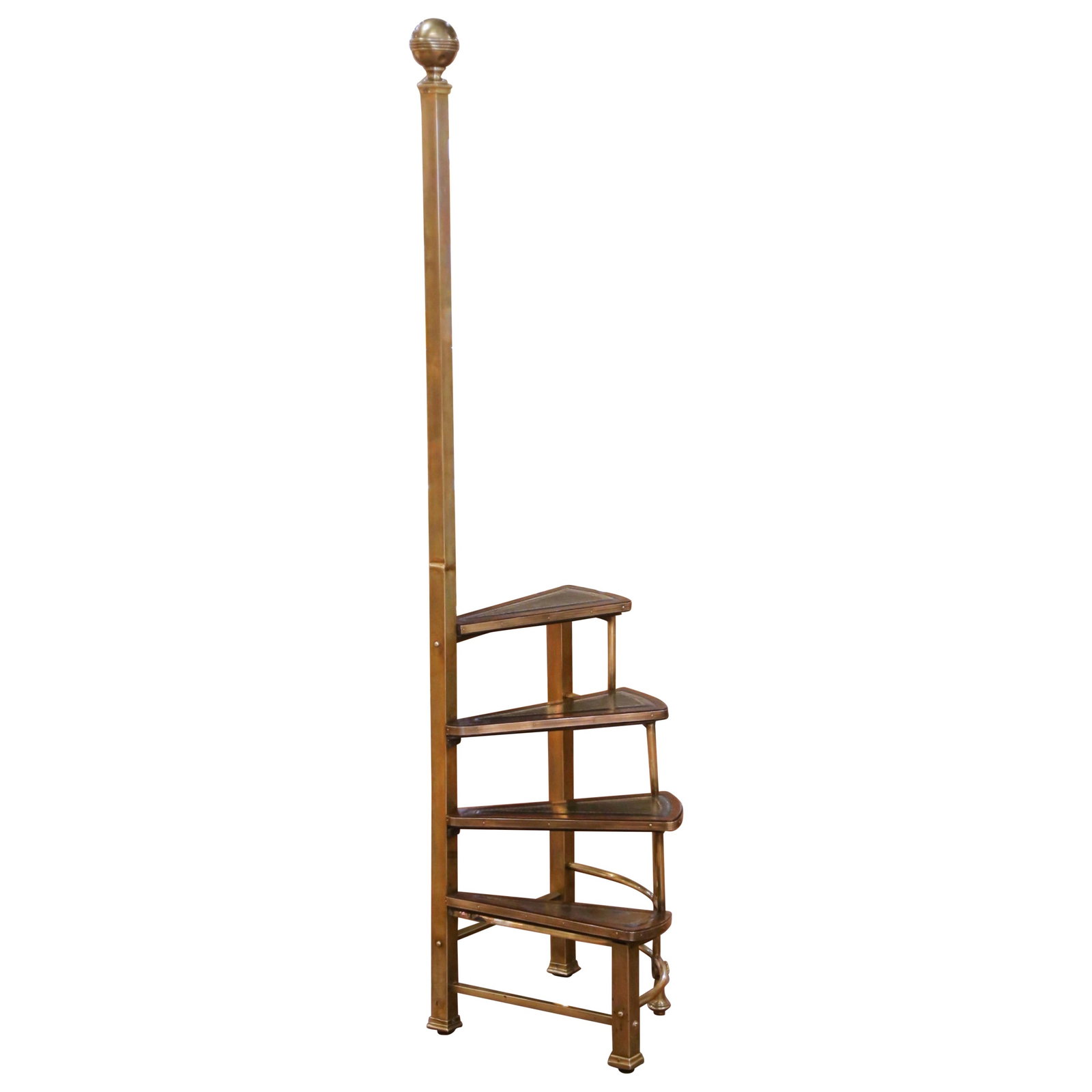 Edwardian English Brass Mahogany Four-Step Library Ladder with Leather Treads (1 of 15)