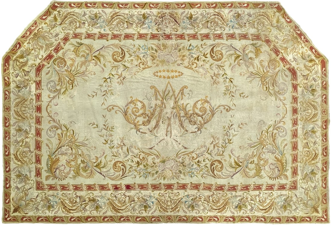 French wool handwoven floral scroll medallion tapestry 11 x 17 ft (1 of 10)