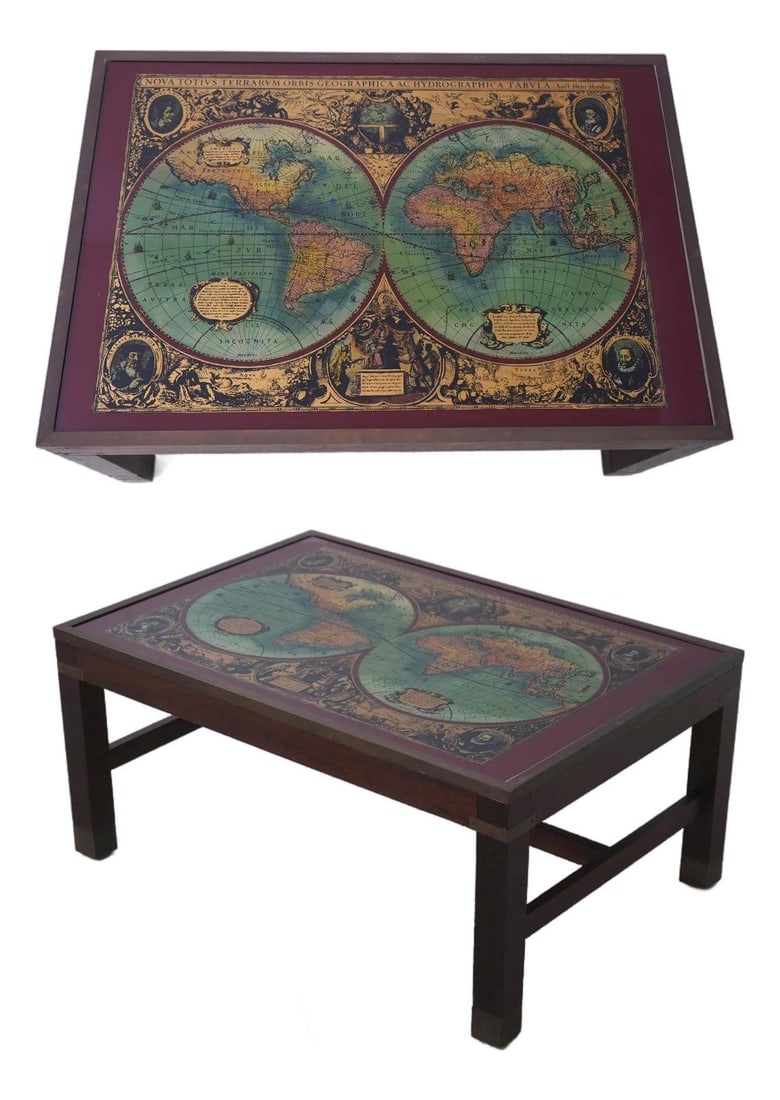 Mahogany Campaign Coffee Table with Eglomise World Map Top: Mahogany Campaign Coffee Table with Eglomise World Map Top This vintage coffee table features a striking campaign style crafted from mahogany, complemented by brass-capped feet for added elegance. The
