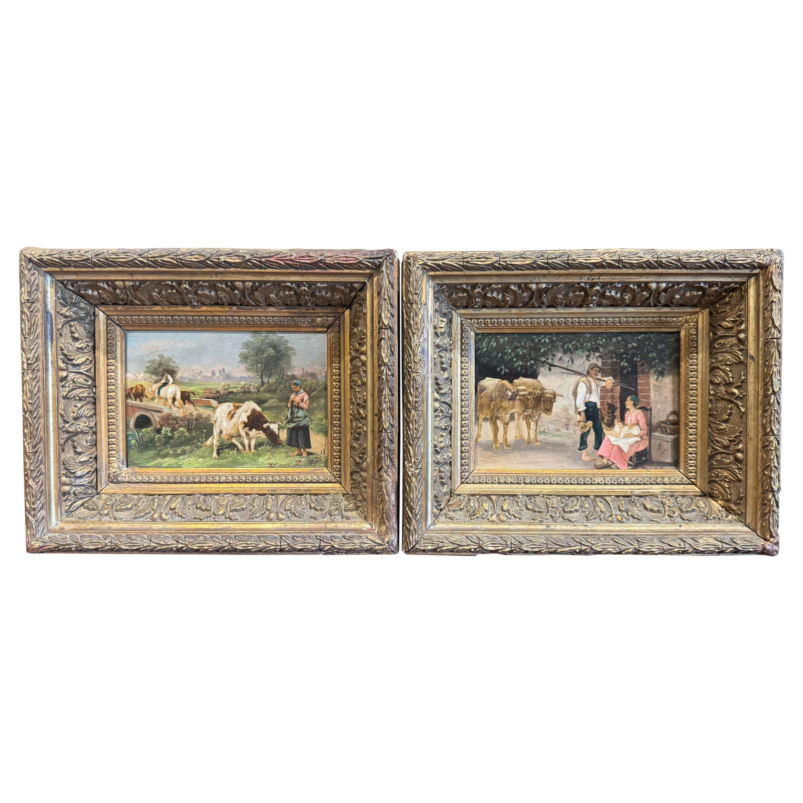 19th Century French Pastoral Paintings Set of 2 in Gilt Frames after E Debat-Ponsan: 19th Century French Pastoral Paintings Set of 2 in Gilt Frames after E Debat-Ponsan Enhance your space with this exquisite pair of 19th-century French pastoral paintings, crafted circa 1870. Each hand