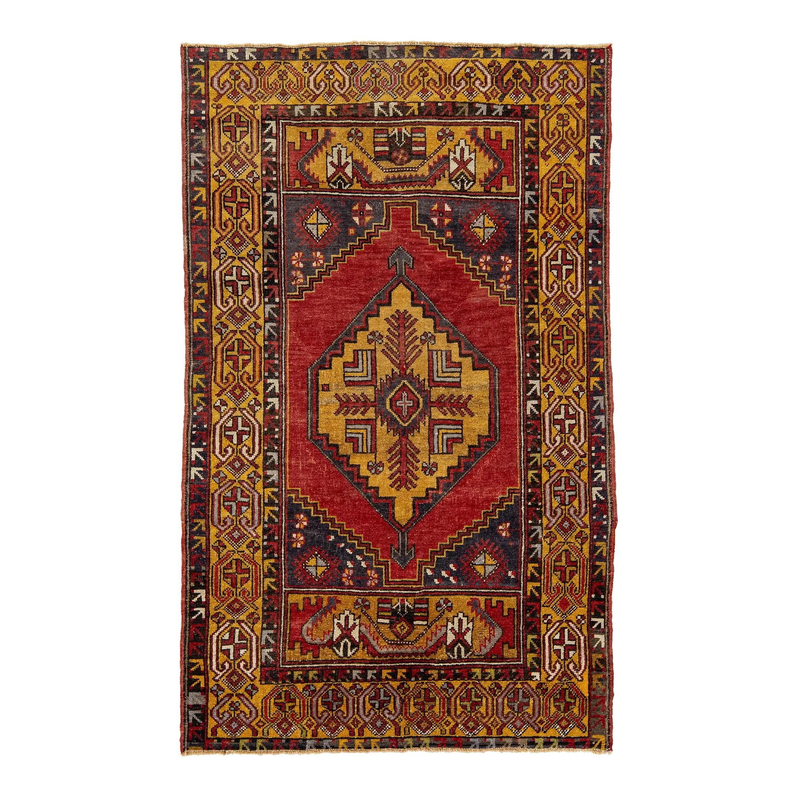 Vintage Anatolian Hand-Knotted Wool Rug Geometric Design Red Yellow Blue 3'8 x 5'10: Vintage Anatolian Hand-Knotted Wool Rug Geometric Design Red Yellow Blue 3'8 x 5'10 This vintage Anatolian wool rug showcases a stunning geometric design set against a vibrant red field. The intricate