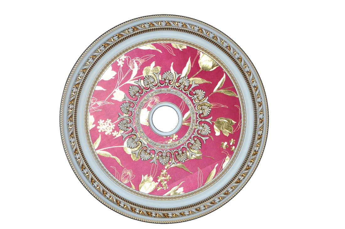 Artistry 32 Inch Round Ceiling Medallion Red Tulips: Artistry 32 Inch Round Ceiling Medallion Red Tulips This 32-inch round chandelier ceiling medallion features a painted finish with a red tulip and gold accent design, ideal for adding a touch of sophi