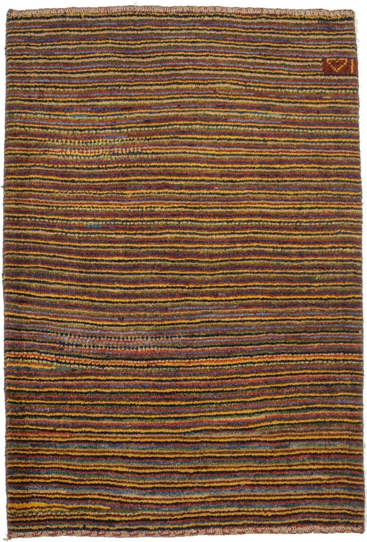 Hand-Knotted Wool Gabbeh Rug with Multicolored Stripes 3X4 ft Signed Tribal Design: Hand-Knotted Wool Gabbeh Rug with Multicolored Stripes 3X4 ft Signed Tribal Design This hand-knotted Gabbeh rug features a multicolored striped pattern with a modern tribal aesthetic, making it an ide