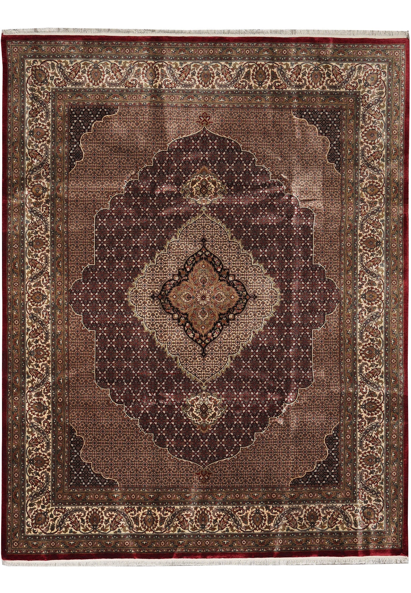 8.2 x 9.10 Handmade Tabriz Mahi Wool Silk Persian Rug Ruby Burgundy: 8.2 x 9.10 Handmade Tabriz Mahi Wool Silk Persian Rug Ruby Burgundy Free continental US Shipping This handmade Tabriz Mahi rug showcases exceptional craftsmanship and classic Persian design. Hand-knot