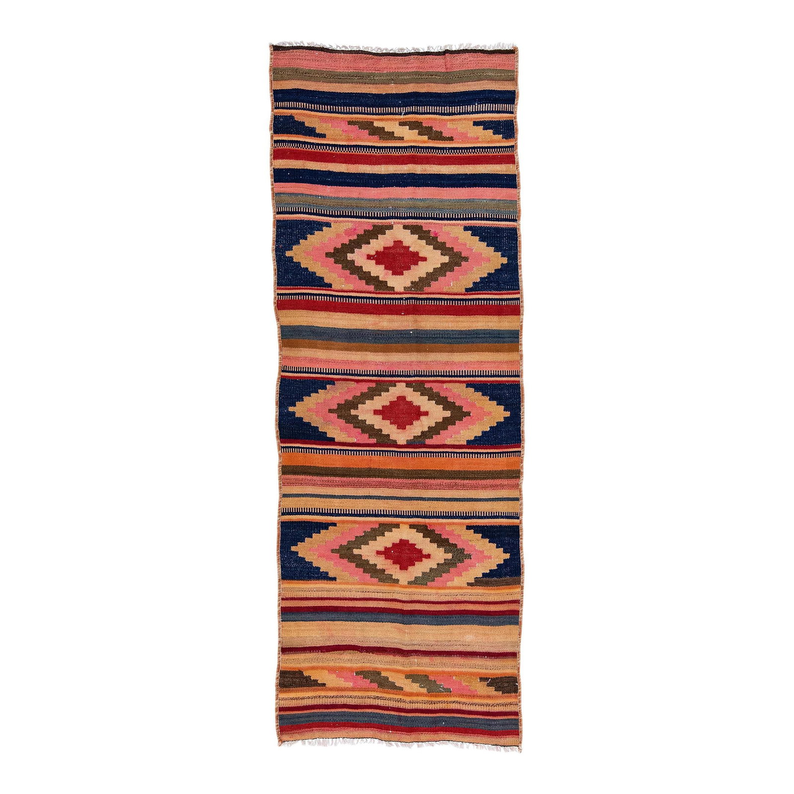 Vintage Turkish Kilim Wool Rug Red Multicolor Stripes 2'7 x 8'11: Vintage Turkish Kilim Wool Rug Red Multicolor Stripes 2'7 x 8'11 Enhance your space with this exquisite mid-20th century Turkish Kilim rug, beautifully hand-knotted from high-quality wool. The rug fea