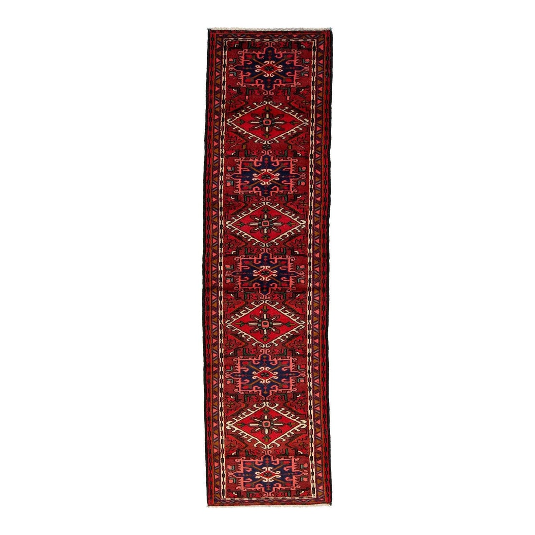 Hand-Knotted Wool Heriz Runner Rug 2'6 x 9'2 Vintage Persian Hallway Carpet: Hand-Knotted Wool Heriz Runner Rug 2'6 x 9'2 Vintage Persian Hallway Carpet This vintage Persian Heriz runner is hand-knotted from durable wool and features iconic geometric medallions and bold motifs