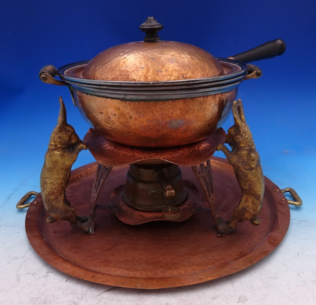 Arts and Crafts Sterling Silver Chafing Dish with Figural Rabbits by Joseph Heinrichs: Arts and Crafts Sterling Silver Chafing Dish with Figural Rabbits by Joseph Heinrichs This remarkable chafing dish by Joseph Heinrichs showcases exceptional Arts & Crafts design, featuring a stand, bu