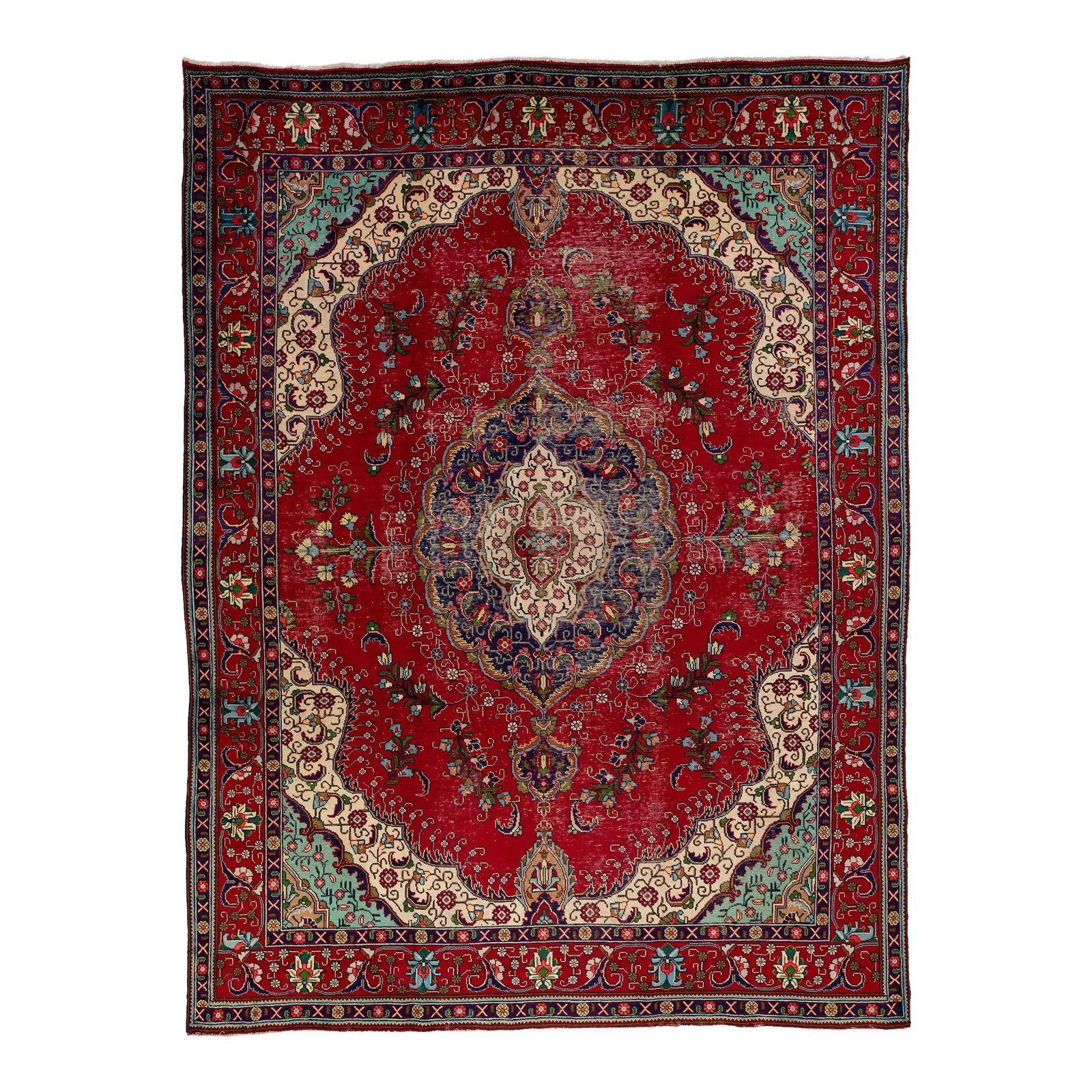 1960s Red Tabriz Handmade Wool Rug Floral Motif 9'8" x 12'10": 1960s Red Tabriz Handmade Wool Rug Floral Motif 9'8" x 12'10" This stunning vintage Tabriz rug, hand-knotted from premium wool, showcases a rich red field adorned with a vibrant all-over floral motif 