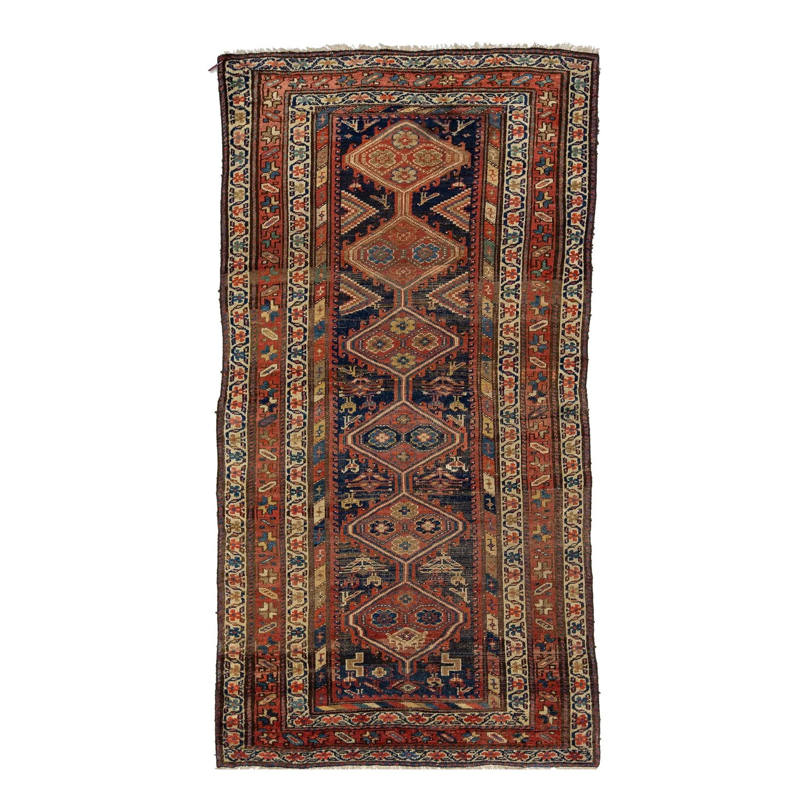 20th Century Handmade Kurdish Wool Scatter Rug Blue Tribal Design 4'2 x 8': 20th Century Handmade Kurdish Wool Scatter Rug Blue Tribal Design 4'2 x 8' Enhance your space with this exquisite 20th-century Kurdish hand-knotted wool scatter rug. Featuring a rich navy blue and bro