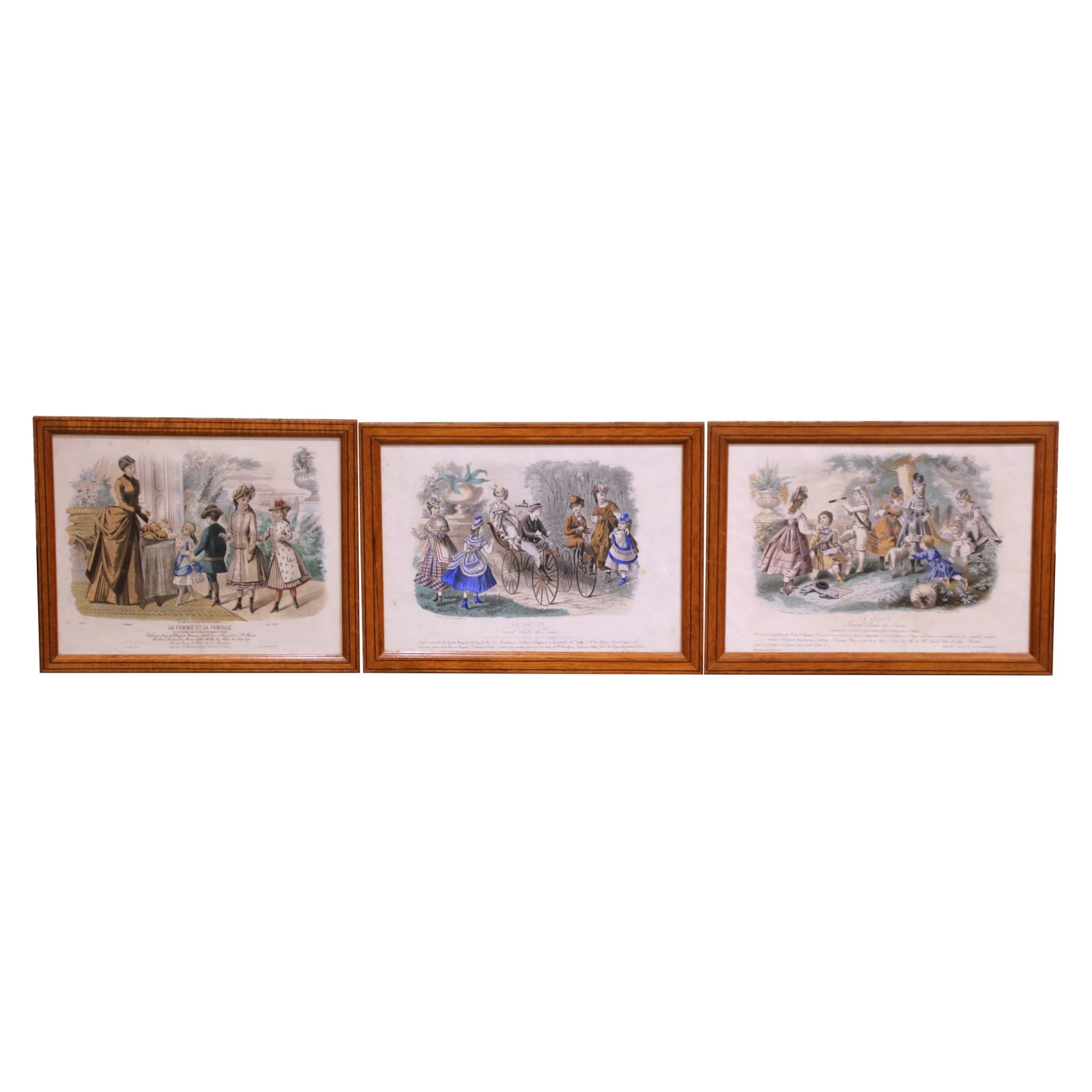 French Napoleon III Hand-Colored Fashion Engravings Trio in Giltwood Frames circa 1880: French Napoleon III Hand-Colored Fashion Engravings Trio in Giltwood Frames circa 1880 This set includes three late 19th-century French hand-colored fashion engravings, each presented in a simple mold