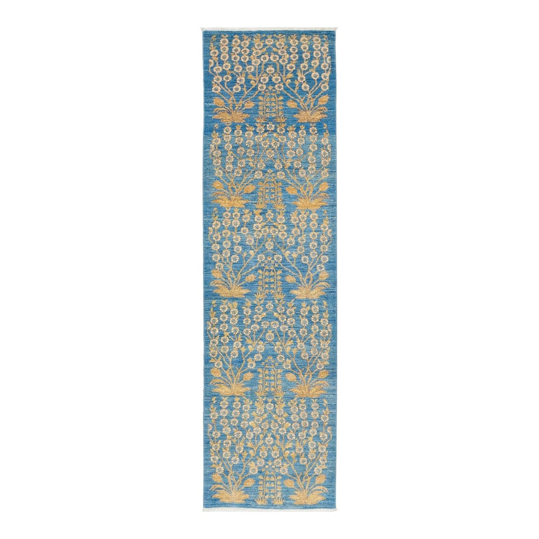 Handmade 3 x 10 Blue Wool Rug Floral Arts and Crafts Design: Handmade 3 x 10 Blue Wool Rug Floral Arts and Crafts Design This exquisite handmade wool rug showcases a contemporary Arts and Crafts style, featuring a stunning floral design intricately knotted onto