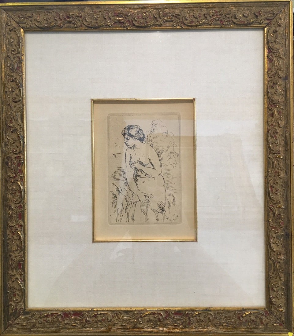Framed Renoir print The Bather 14 x 16.25: Framed Renoir print The Bather 14 x 16.25 This is a framed print of "The Bather" by Pierre-Auguste Renoir, presented in the expressionist style. The artwork features a nude female figure in a natural 