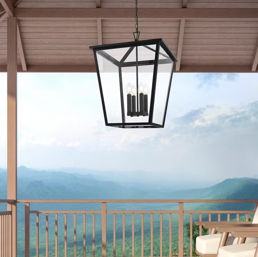 Frankford Black Iron Glass Outdoor Pendant Light 4 Bulbs 27 Inch: Frankford Black Iron Glass Outdoor Pendant Light 4 Bulbs 27 Inch This extra-large outdoor chandelier light fixture features a traditional design with a black iron and clear glass construction. Suitabl