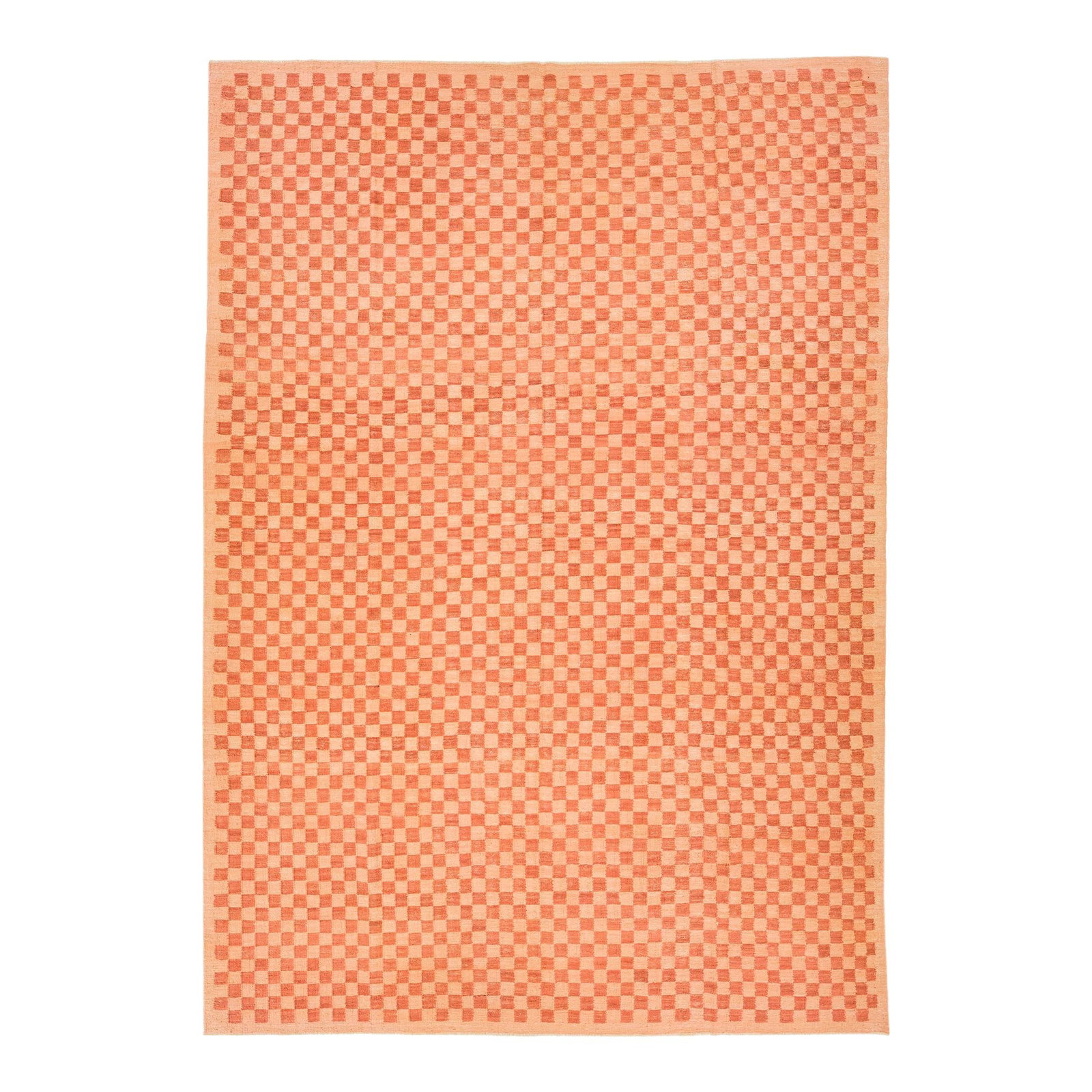 Orange Handmade Wool Kilim Rug 10' x 14'3' Mid-Century Checker Design: Orange Handmade Wool Kilim Rug 10' x 14'3' Mid-Century Checker Design Transform your space with this stunning modern Kilim flatweave wool rug, showcasing a vibrant peach and orange color palette. The 
