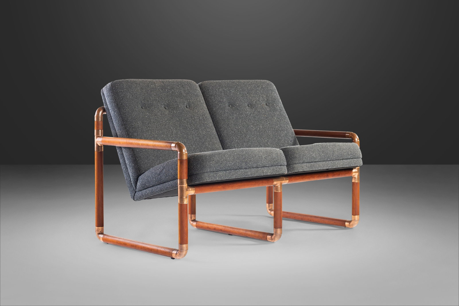 1970s Industrial Brass Walnut Loveseat Gray Tweed Unique Sofa: 1970s Industrial Brass Walnut Loveseat Gray Tweed Unique Sofa Discover the uniqueness of this extraordinary Industrial Brass and Walnut Loveseat, expertly crafted in the USA during the 1970s. This one