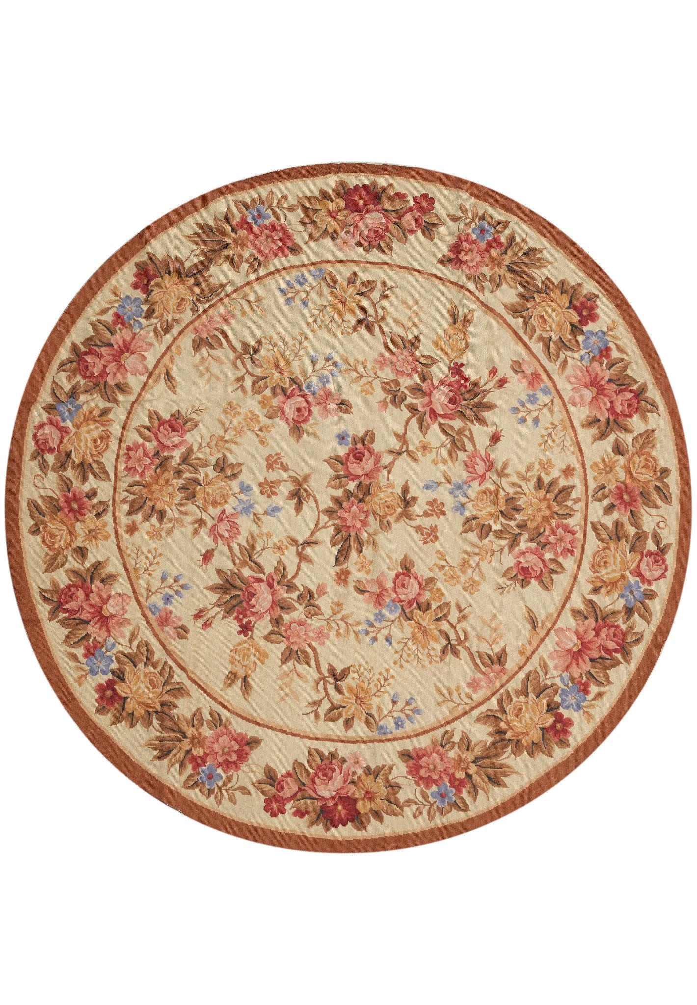 5.10 x 5.10 Round Needlepoint Tapestry Rug French Floral: 5.10 x 5.10 Round Needlepoint Tapestry Rug French Floral Free continental US Shipping This round needle point tapestry rug features a French floral design and is described as a handmade, hand-knotted 