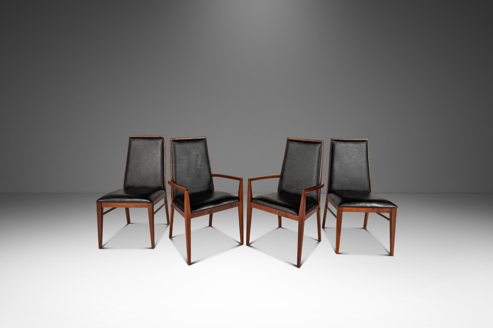 Milo Baughman Dillingham walnut vinyl dining chair set of 4: Milo Baughman Dillingham walnut vinyl dining chair set of 4 This set of four restored mid-century modern high-back dining chairs was designed by Milo Baughman for Dillingham in the 1960s. Each chair i