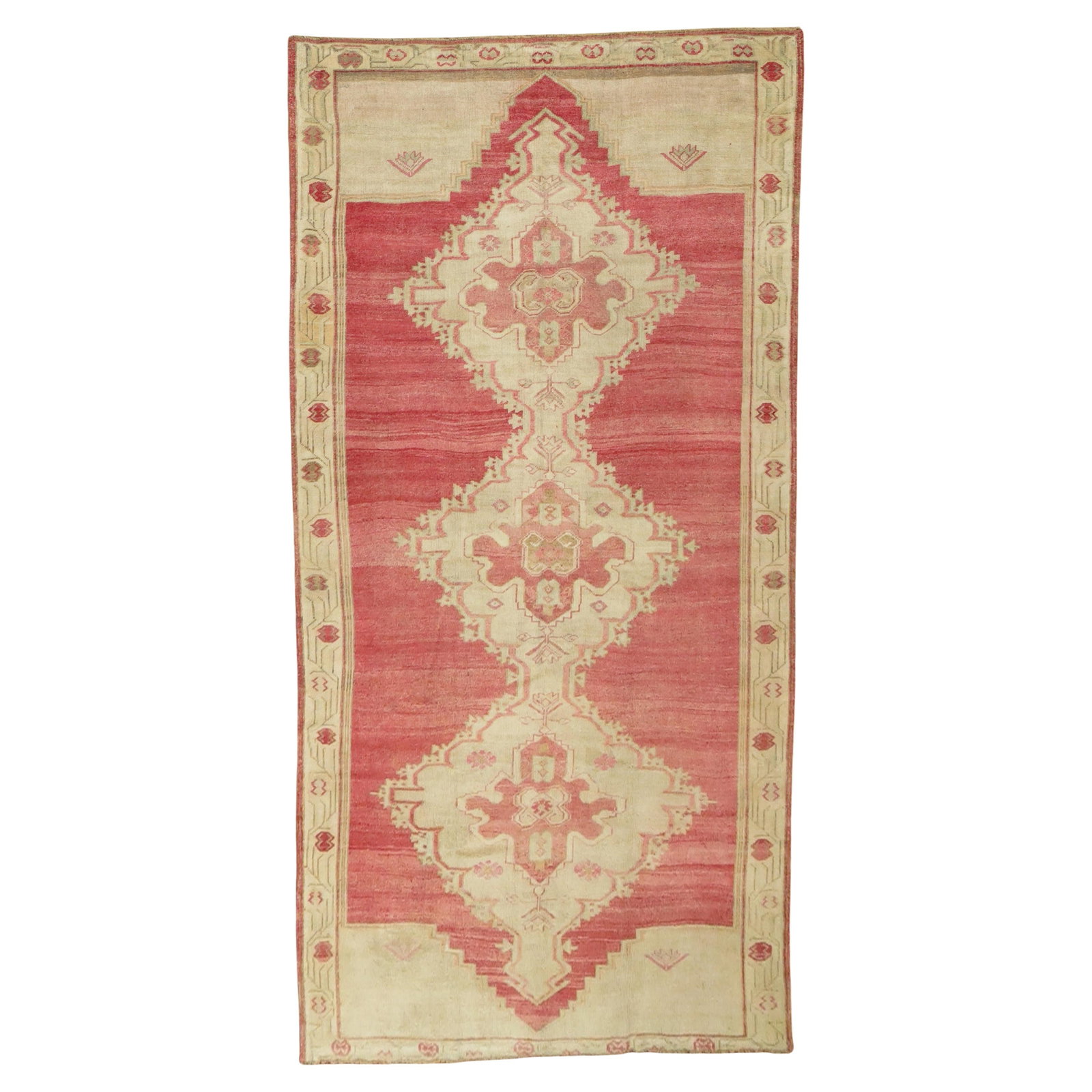 Zabihi Collection Mid-20th Century Turkish Hand-Knotted Pink Gallery Rug 73 x 147: Zabihi Collection Mid-20th Century Turkish Hand-Knotted Pink Gallery Rug 73 x 147 Transform your space with this exquisite Vintage Turkish Gallery Rug from the Zabihi Collection. Measuring 73 inches i
