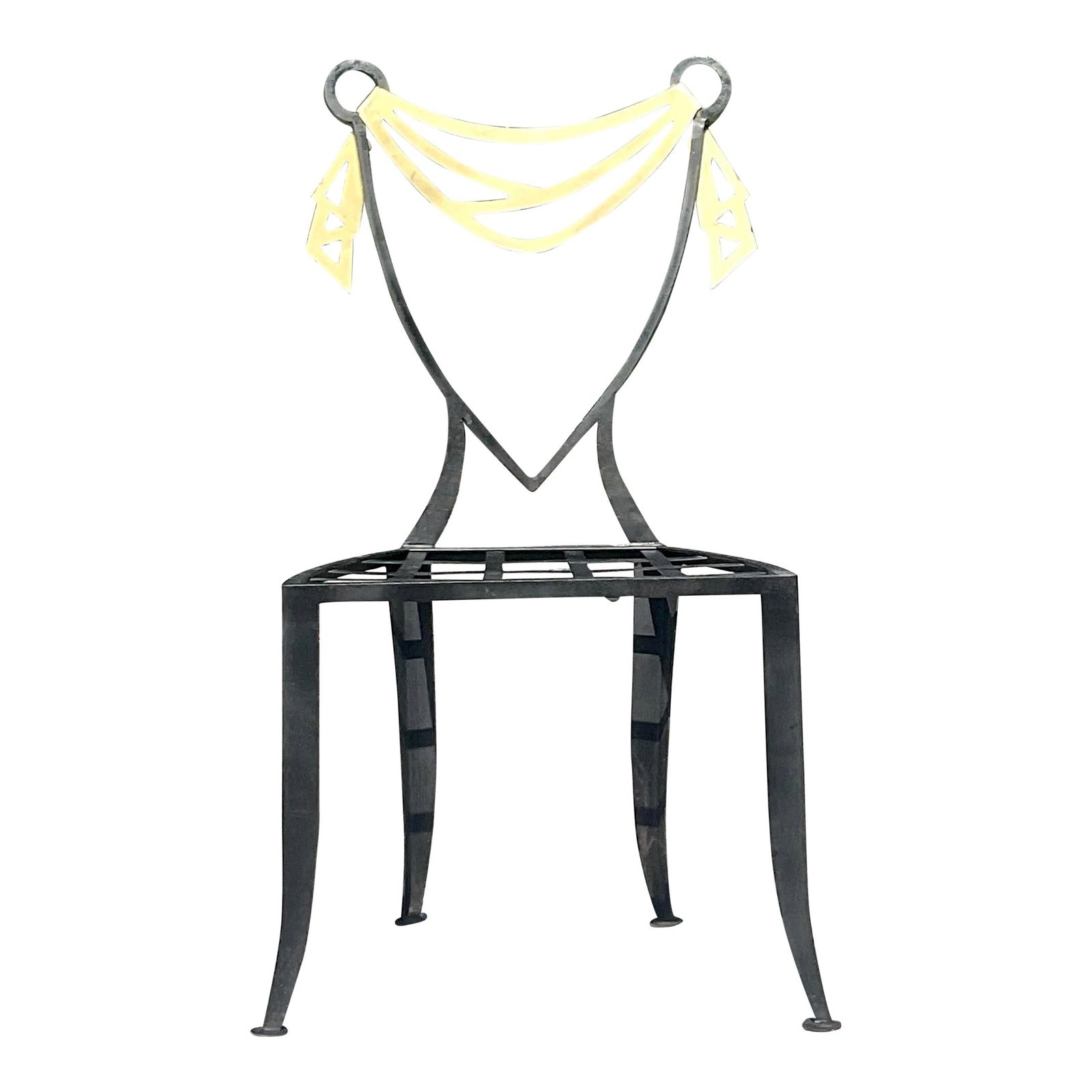 Vintage Boho Postmodern Black Metal Chair with Gold Accents: Vintage Boho Postmodern Black Metal Chair with Gold Accents Introducing a stunning vintage Boho side chair that exudes chic Postmodern flair. This unique piece features swag details elegantly highligh