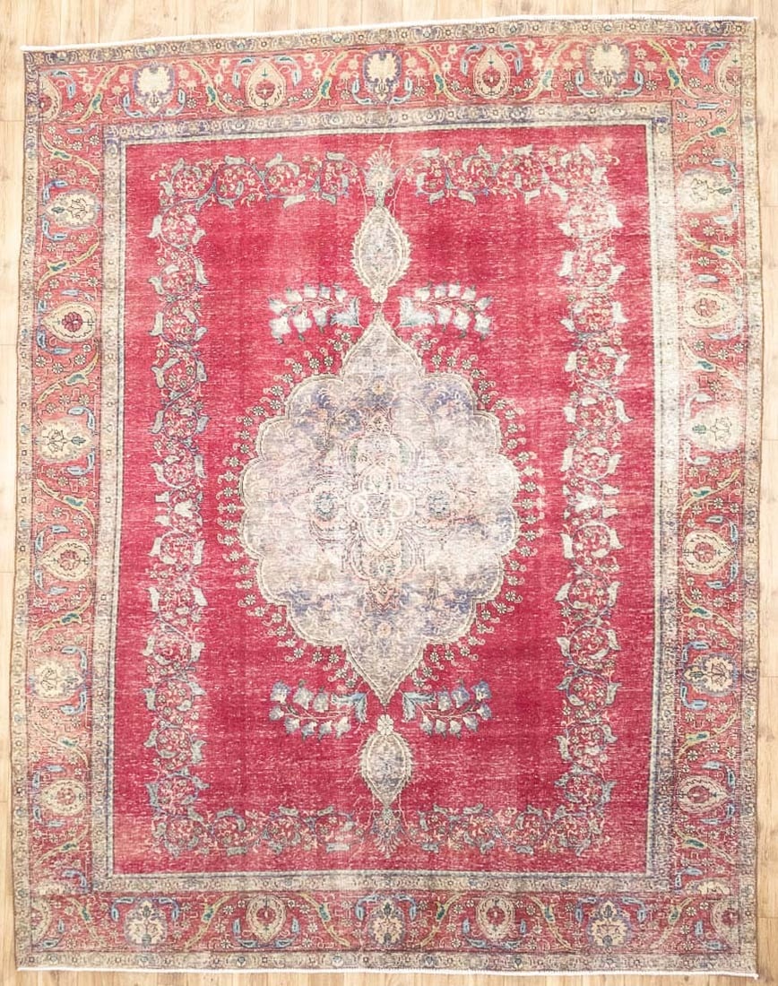 Hand Knotted Wool Floral Area Rug 9'7x12'1 Vintage Traditional: Hand Knotted Wool Floral Area Rug 9'7x12'1 Vintage Traditional This semi-antique Oriental rug features a hand-knotted construction with a distressed floral pattern in muted tones of red, cream, brown,