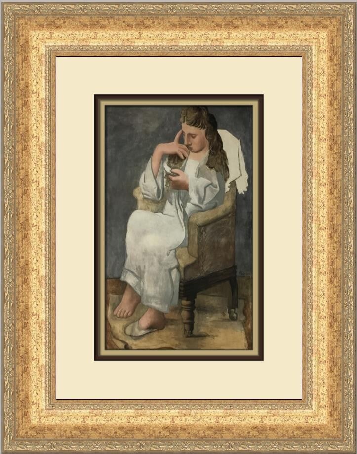 Pablo Picasso Woman Reading Custom Framed Offset Lithograph Art Print: Pablo Picasso Woman Reading Custom Framed Offset Lithograph Art Print This exquisite custom framed print features Pablo Picasso's captivating artwork titled "Woman Reading." Measuring 18 in. x 15 in.,