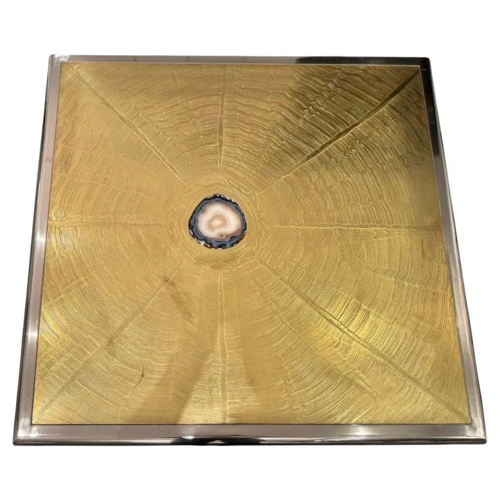 Square Brass and Agate Coffee Table by Georges Mathias for Lova Creation Belgium: Square Brass and Agate Coffee Table by Georges Mathias for Lova Creation Belgium Mid-century modern square coffee table designed by Georges Mathias for Lova Creation of Belgium, crafted from acid-etch