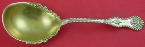 Dominick & Haff Charles II Sterling Silver Berry Spoon Gold Washed 9": Dominick & Haff Charles II Sterling Silver Berry Spoon Gold Washed 9" This exquisite serving spoon is a sterling silver berry spoon from the prestigious Dominick & Haff, crafted in the elegant Charles