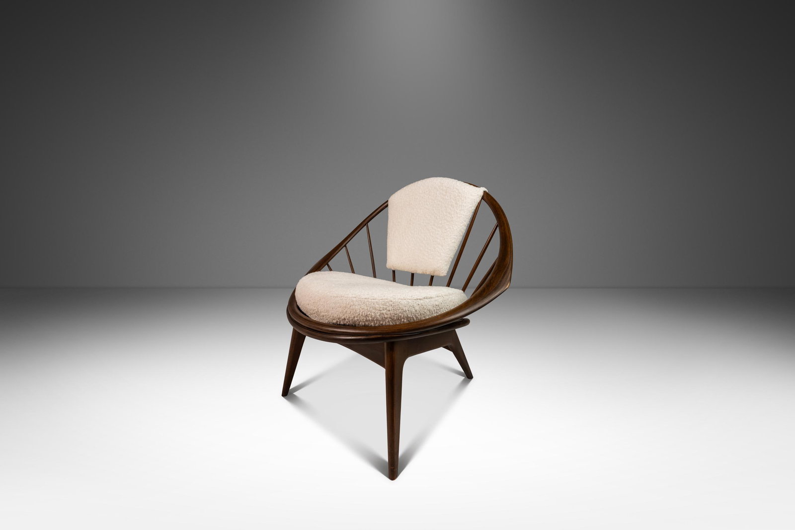 Ib Kofod-Larsen Danish Mid-Century Modern Peacock Chair Walnut Boucle 1960s: Ib Kofod-Larsen Danish Mid-Century Modern Peacock Chair Walnut Boucle 1960s Discover a stunning Danish Mid-Century Modern "Hoop" or "Peacock" Chair, designed by the renowned Ib Kofod-Larsen for Selig 