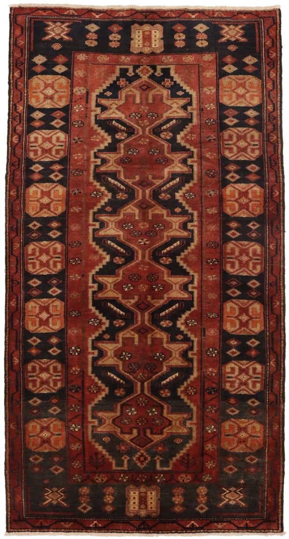 Vintage Tribal Wool Runner Rug 4'11 x 9'4 Hand Knotted: Vintage Tribal Wool Runner Rug 4'11 x 9'4 Hand Knotted This vintage hand-knotted wool runner rug features a striking geometric tribal pattern in shades of rusty red, dark plum, cream, and peach. Craft
