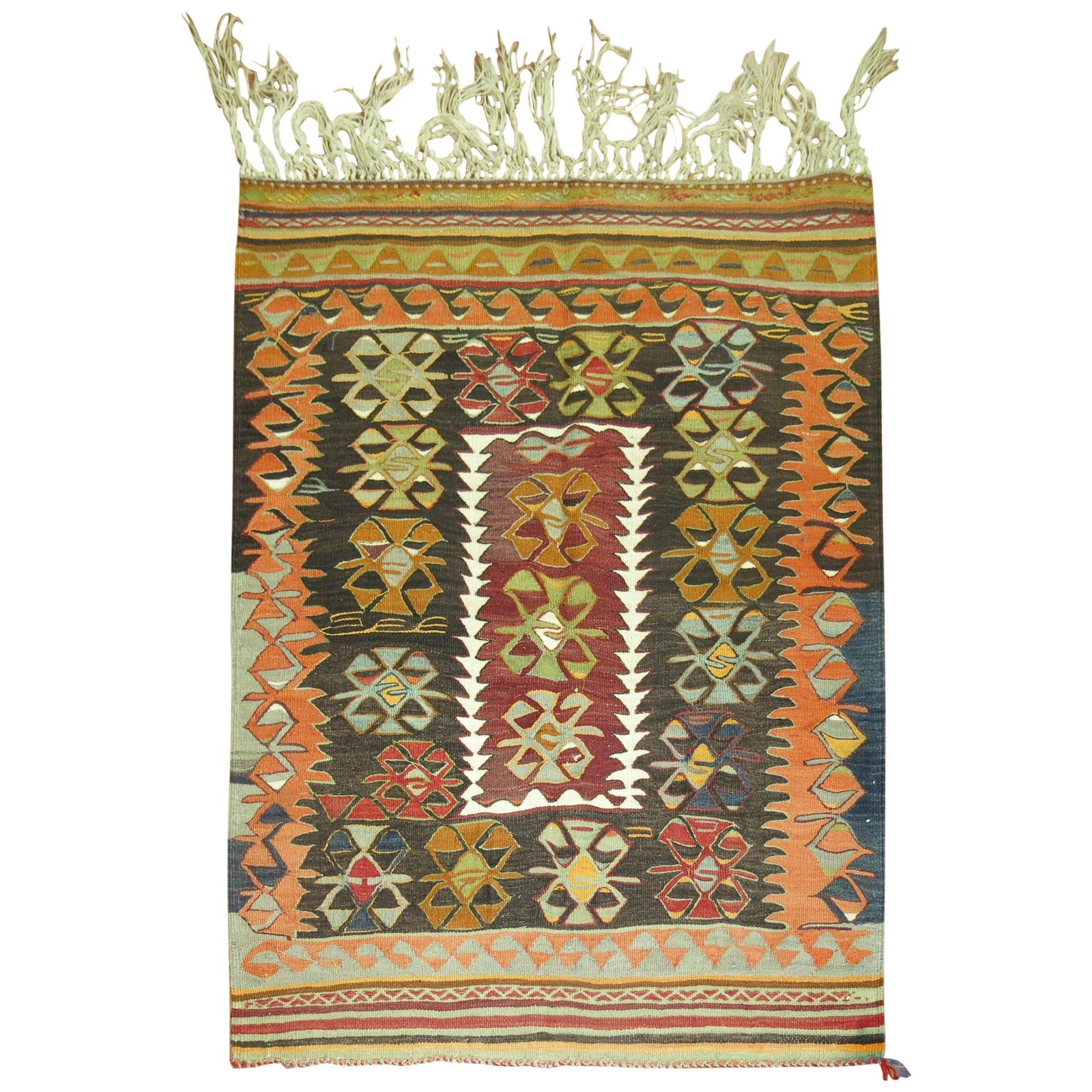 Mid Century Turkish Hand Knotted Wool Kilim 46 x 58 in: Mid Century Turkish Hand Knotted Wool Kilim 46 x 58 in This vintage Turkish Kilim is a hand-knotted flat-weave rug from the mid-20th century. Crafted from wool, it features a Mid-Century Modern style 