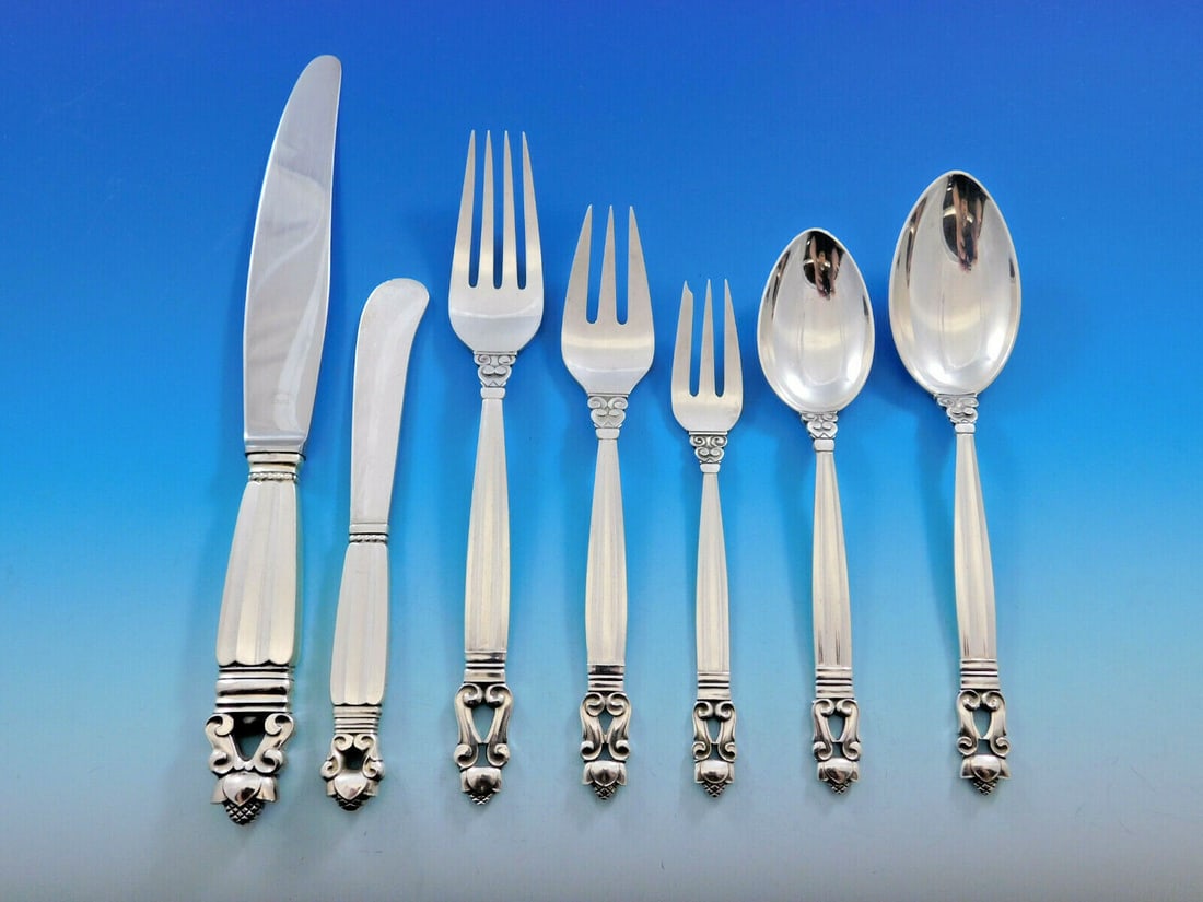 Georg Jensen Acorn Sterling Silver 91 Piece Flatware Service for 12 (1 of 12)
