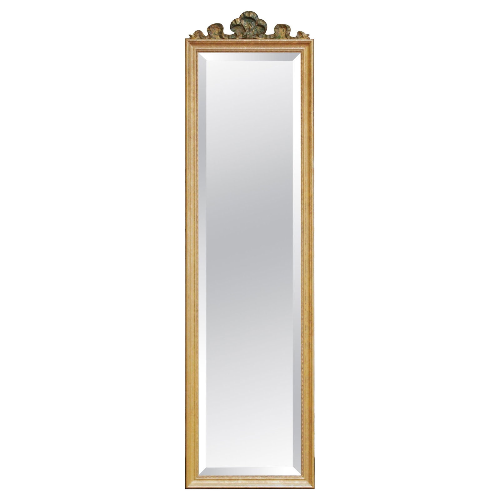 Tall French Louis XVI Inspired Giltwood Floor Mirror with Beveled Glass Circa 1980: Tall French Louis XVI Inspired Giltwood Floor Mirror with Beveled Glass Circa 1980 This late 20th century French floor mirror exemplifies Louis XVI style with a tall, slim giltwood frame featuring del