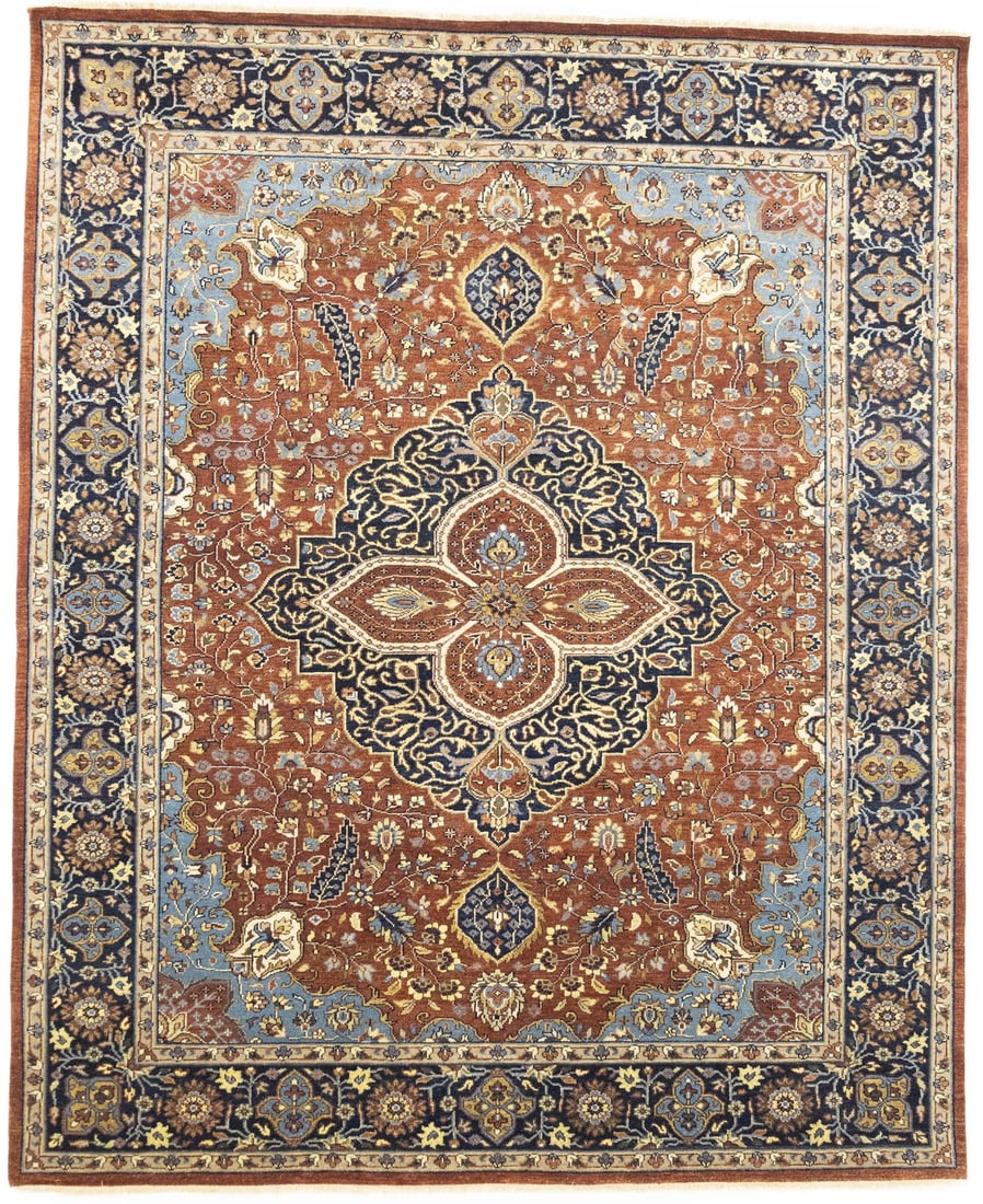 Hand-Knotted Wool Goravan Heriz Area Rug 8'0 x 9'9 Vintage Farmhouse Style: Hand-Knotted Wool Goravan Heriz Area Rug 8'0 x 9'9 Vintage Farmhouse Style This handmade Goravan Heriz area rug features a vintage-inspired farmhouse design with a floral pattern in rust, navy, green,