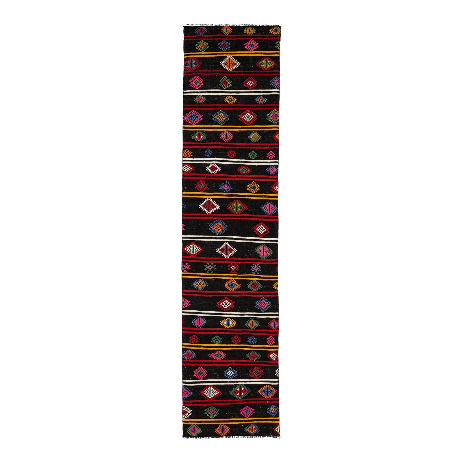 Vintage Turkish Wool Kilim Rug Black Geometric Design 3 x 12'10: Vintage Turkish Wool Kilim Rug Black Geometric Design 3 x 12'10 This stunning vintage Turkish kilim rug showcases a vibrant geometric design against a rich black background. Crafted from high-quality 
