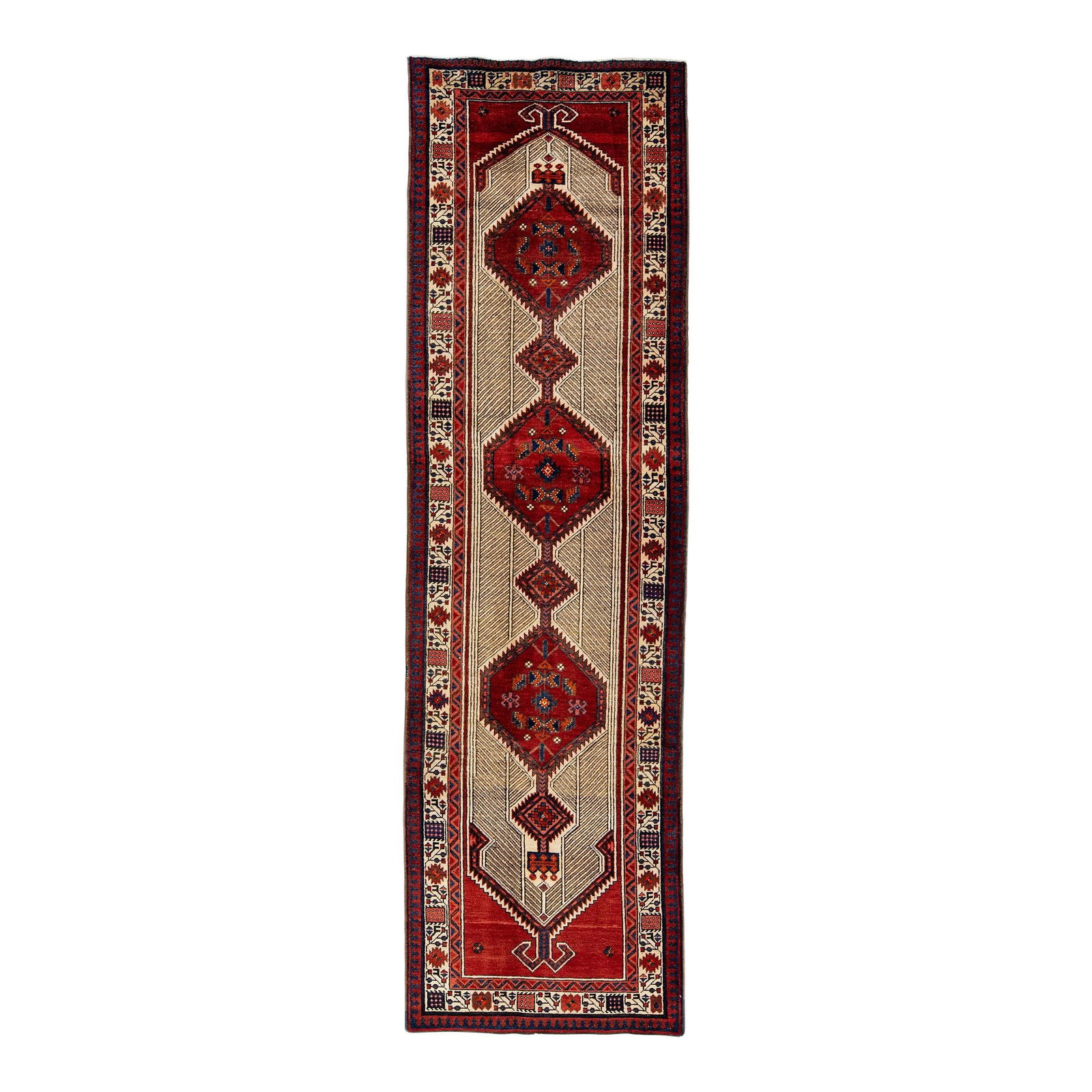 Vintage Persian Heriz Red Wool Runner 3'1 x 10'8 Medallion Design: Vintage Persian Heriz Red Wool Runner 3'1 x 10'8 Medallion Design Elevate your space with this exquisite vintage Persian Heriz hand-knotted wool runner, showcasing a vibrant red color field. The desig