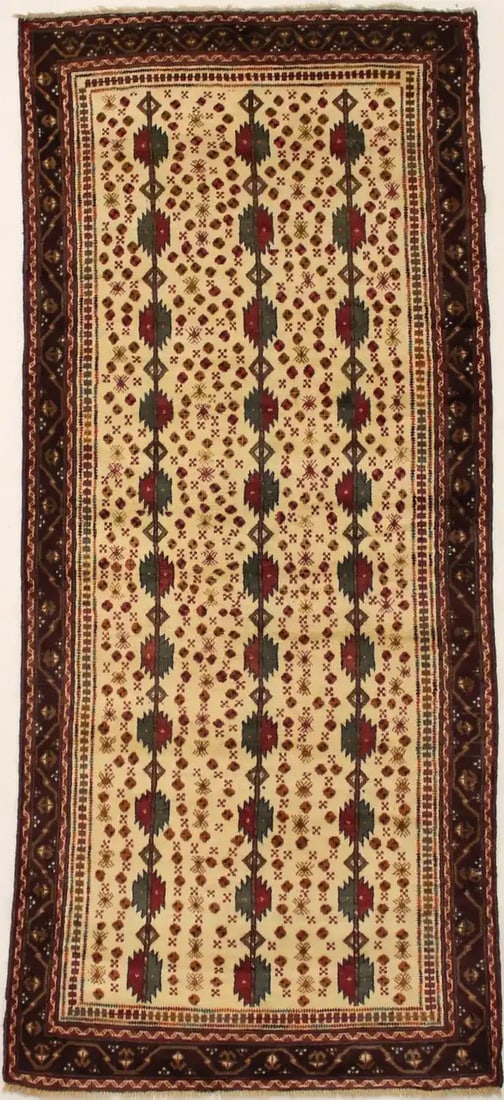 Hand Knotted Wool Vintage Tribal Runner Rug 3'10 x 9'0: Hand Knotted Wool Vintage Tribal Runner Rug 3'10 x 9'0 This vintage tribal runner rug features a handmade, hand-knotted construction with a geometric pattern in cream, red, honey, green, and rust tone