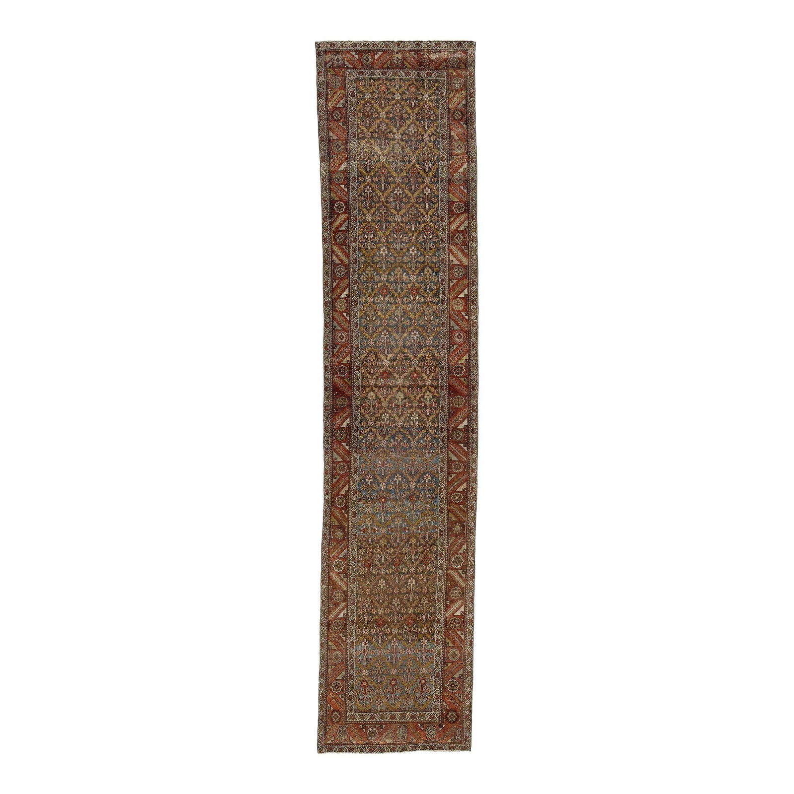 Antique Persian Malayer Wool Runner Blue 3'2 x 14'4 1900s: Antique Persian Malayer Wool Runner Blue 3'2 x 14'4 1900s Discover the exquisite charm of this Persian Malayer wool runner, handcrafted in the 1900s. Featuring a striking blue field, this antique rug 