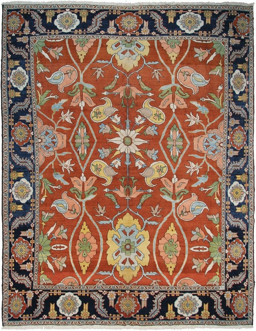 Heriz Serapi Wool Hand Knotted 10x12 Rust Art Nouveau Rug: Heriz Serapi Wool Hand Knotted 10x12 Rust Art Nouveau Rug This rare vintage Persian Sultanabad rug, crafted circa 1960, features a striking geometric Art Nouveau pattern in a traditional Oriental styl