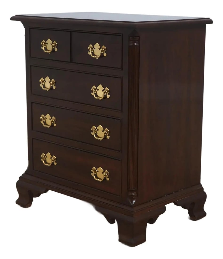 Mahogany Georgian Style Nightstand by Stickley Colonial Williamsburg: Mahogany Georgian Style Nightstand by Stickley Colonial Williamsburg This Stickley Colonial Williamsburg chest nightstand, crafted circa 1998, features a classic Georgian and Chippendale-inspired desi