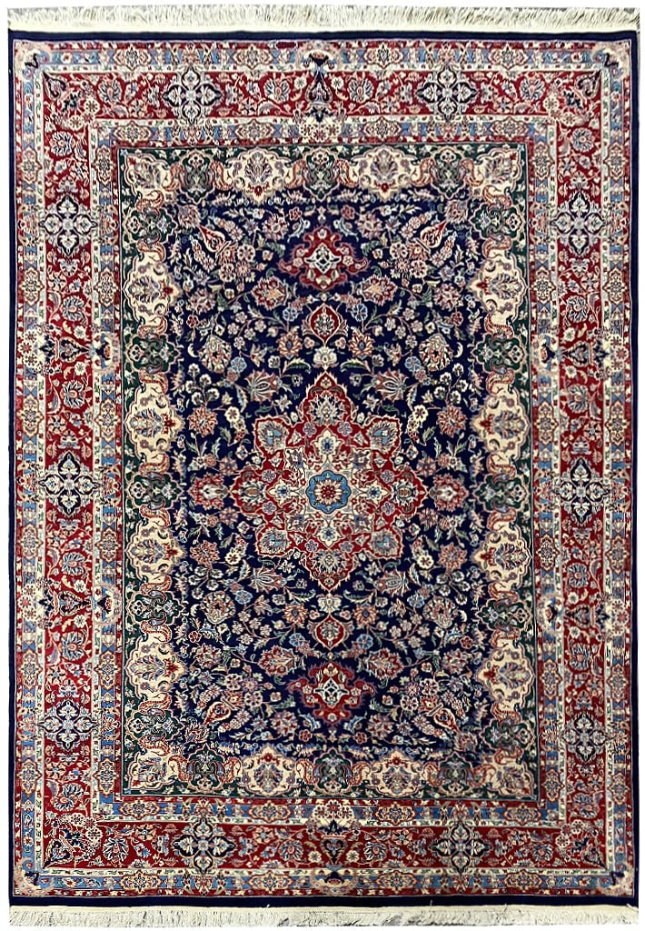 6 x 9 Sino Tabriz Rug Dark Blue Fine Wool Silk 240 KPSI: 6 x 9 Sino Tabriz Rug Dark Blue Fine Wool Silk 240 KPSI Free continental US Shipping This exquisite 6 x 9 Sino Tabriz rug is crafted from fine wool and silk, featuring a rich dark blue color that enha