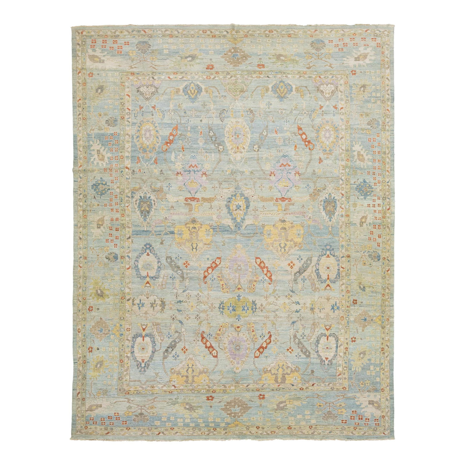 Oversized Handmade Wool Rug in Blue with Multicolor Design: Oversized Handmade Wool Rug in Blue with Multicolor Design Enhance your living space with this stunning hand-knotted wool rug featuring a light blue background and an intricate all-over design accente