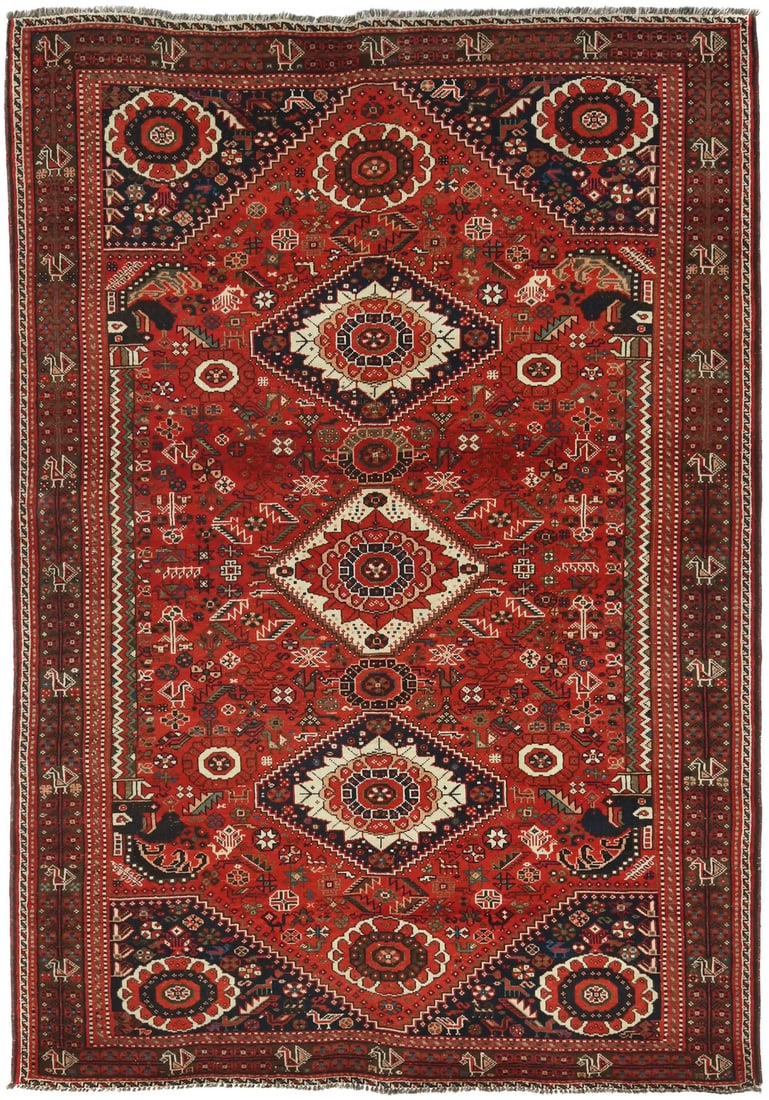 Vintage Tribal Hand-Knotted Wool Oriental Rug 5'9 x 8'3: Vintage Tribal Hand-Knotted Wool Oriental Rug 5'9 x 8'3 Enhance your home decor with this stunning semi-antique wool oriental rug, measuring 5'9" x 8'3". Featuring a vibrant scarlet red, brown, cream,