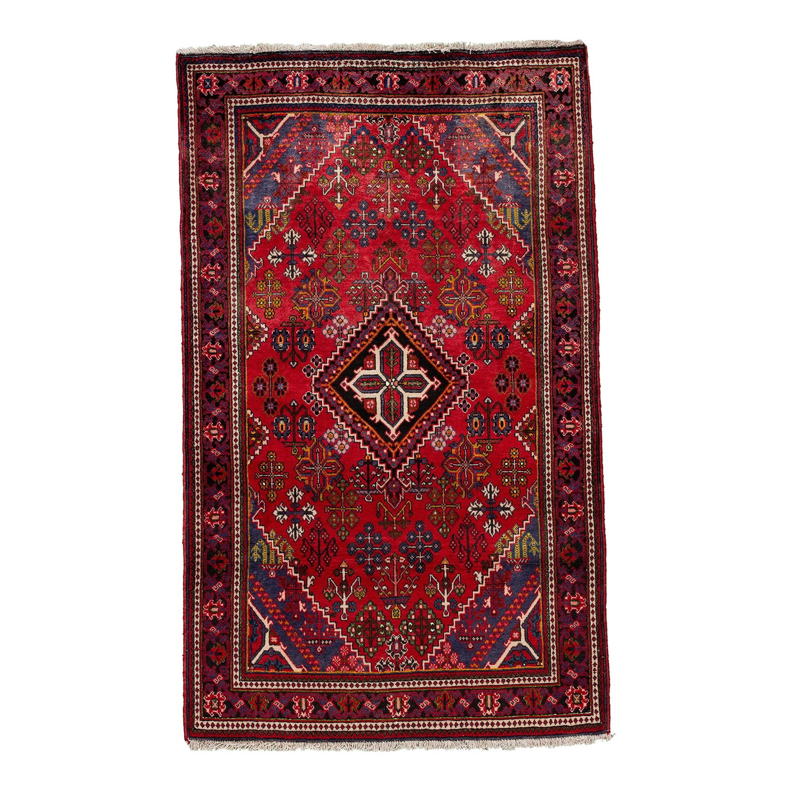 Vintage Persian Joshegan Red Medallion Hand-Knotted Wool Rug 4'1" x 6'9": Vintage Persian Joshegan Red Medallion Hand-Knotted Wool Rug 4'1" x 6'9" Discover the charm of this vintage Persian Joshegan hand-knotted wool rug, featuring a striking red field adorned with a multi-